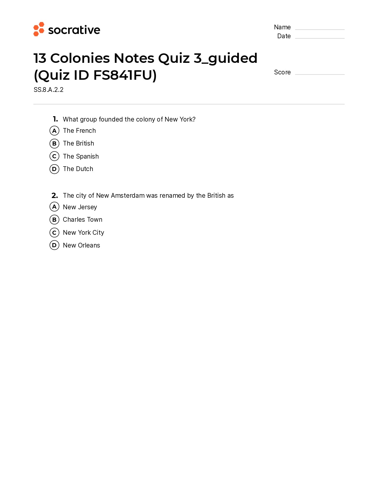 13 Colonies Notes Quiz 3_Guided