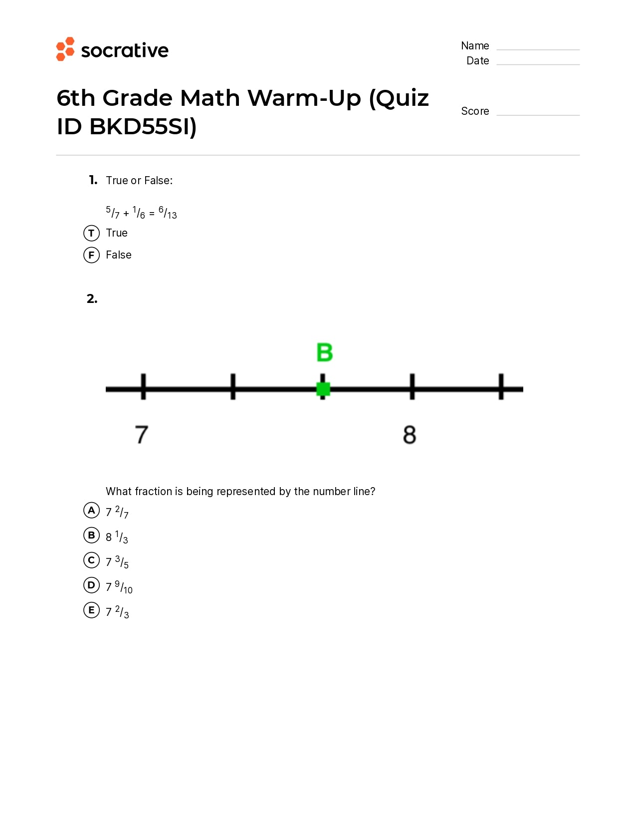 6Th Grade Math Warm-Up