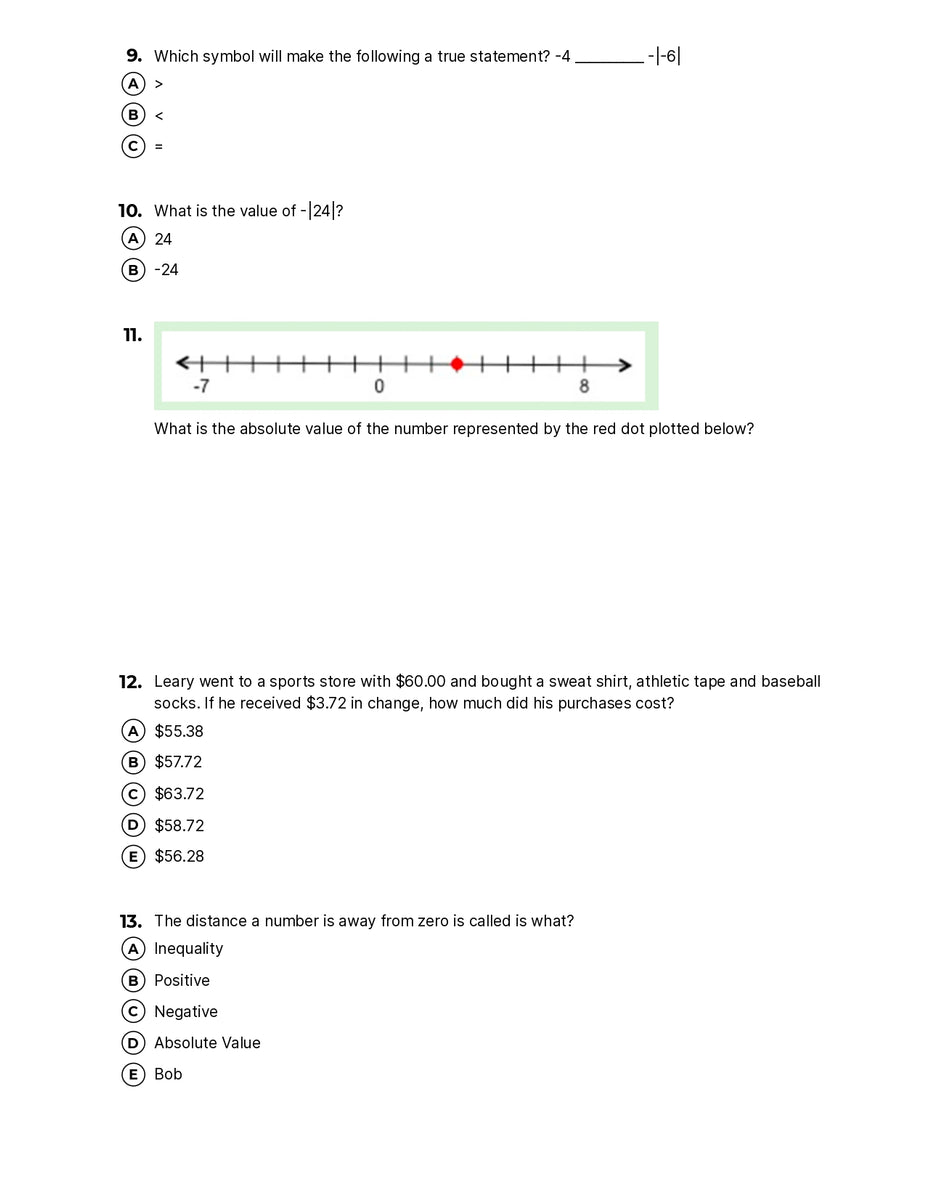 Integers And Absolute Value Quiz Quiz Shop