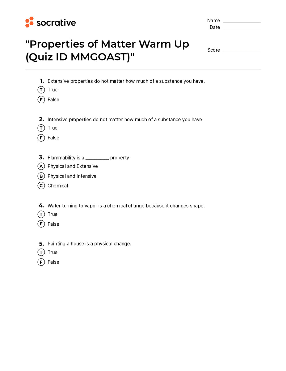 Properties Of Matter Warm Up – Quiz Shop