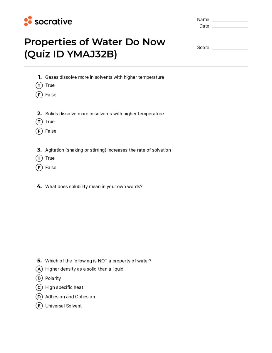 Properties Of Water Do Now Quiz Shop