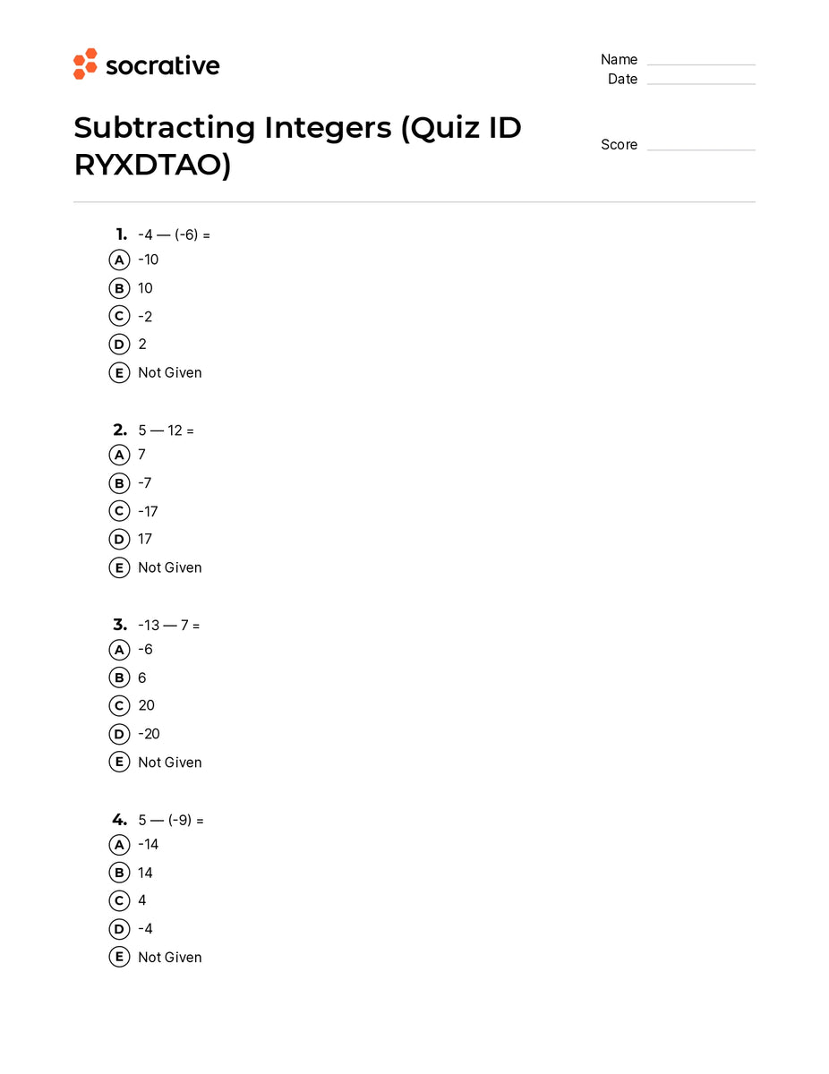 Subtracting Integers – Quiz Shop