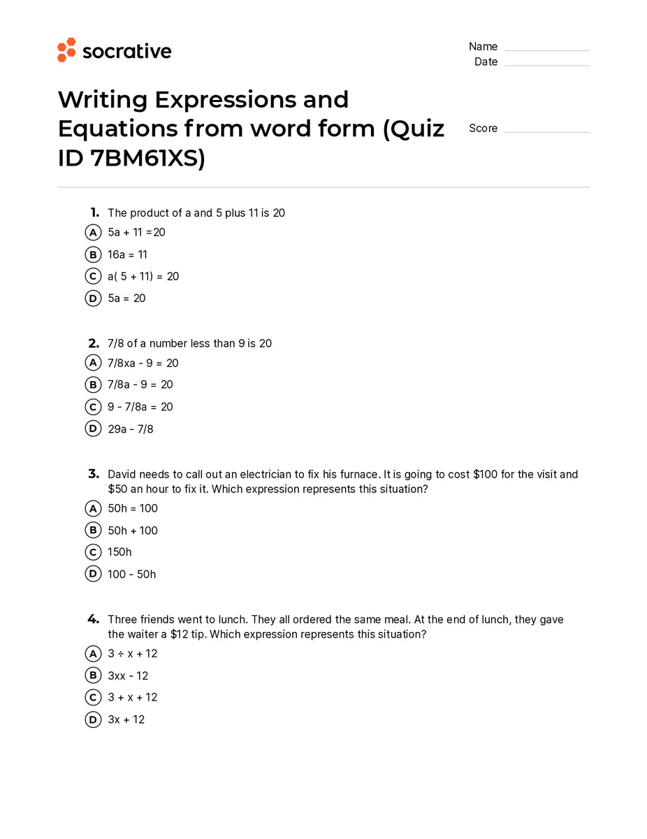 Writing Expressions And Equations From Word Form Quiz Shop