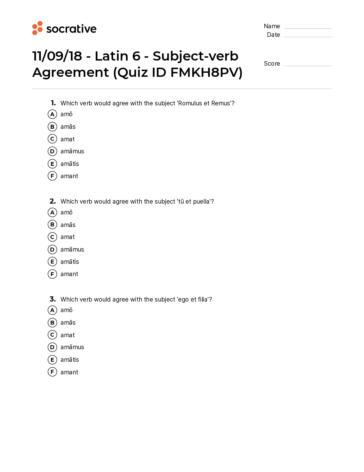 11/09/18-Latin 6-Subject-Verb Agreement