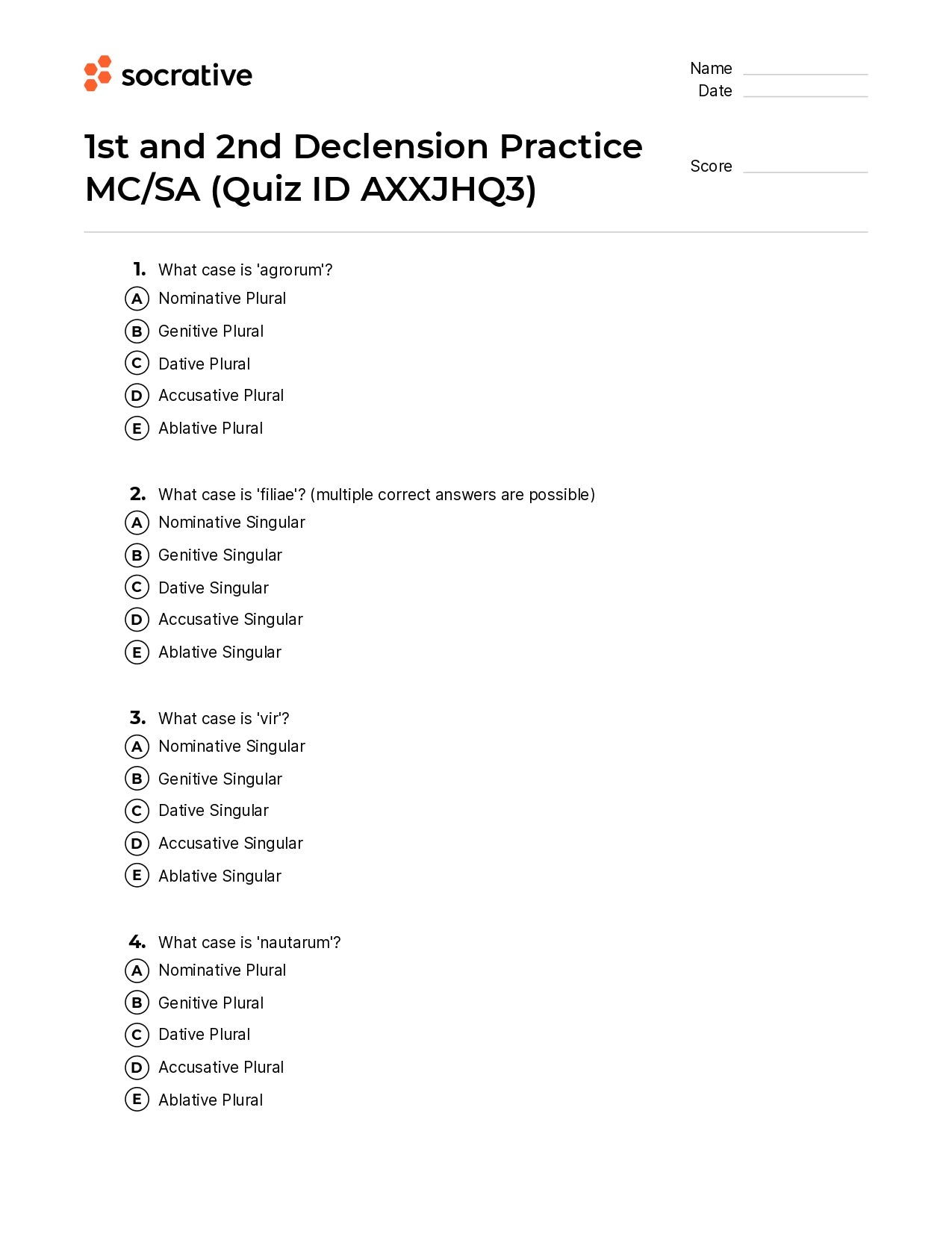 1St And 2Nd Declension Practice Mc/Sa