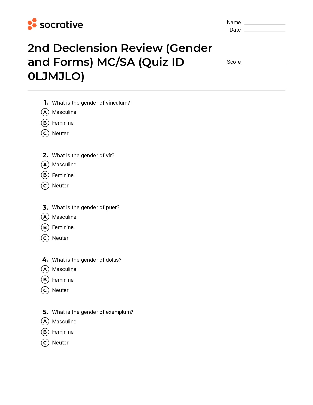 2Nd Declension Review (Gender And Forms) Mc/Sa
