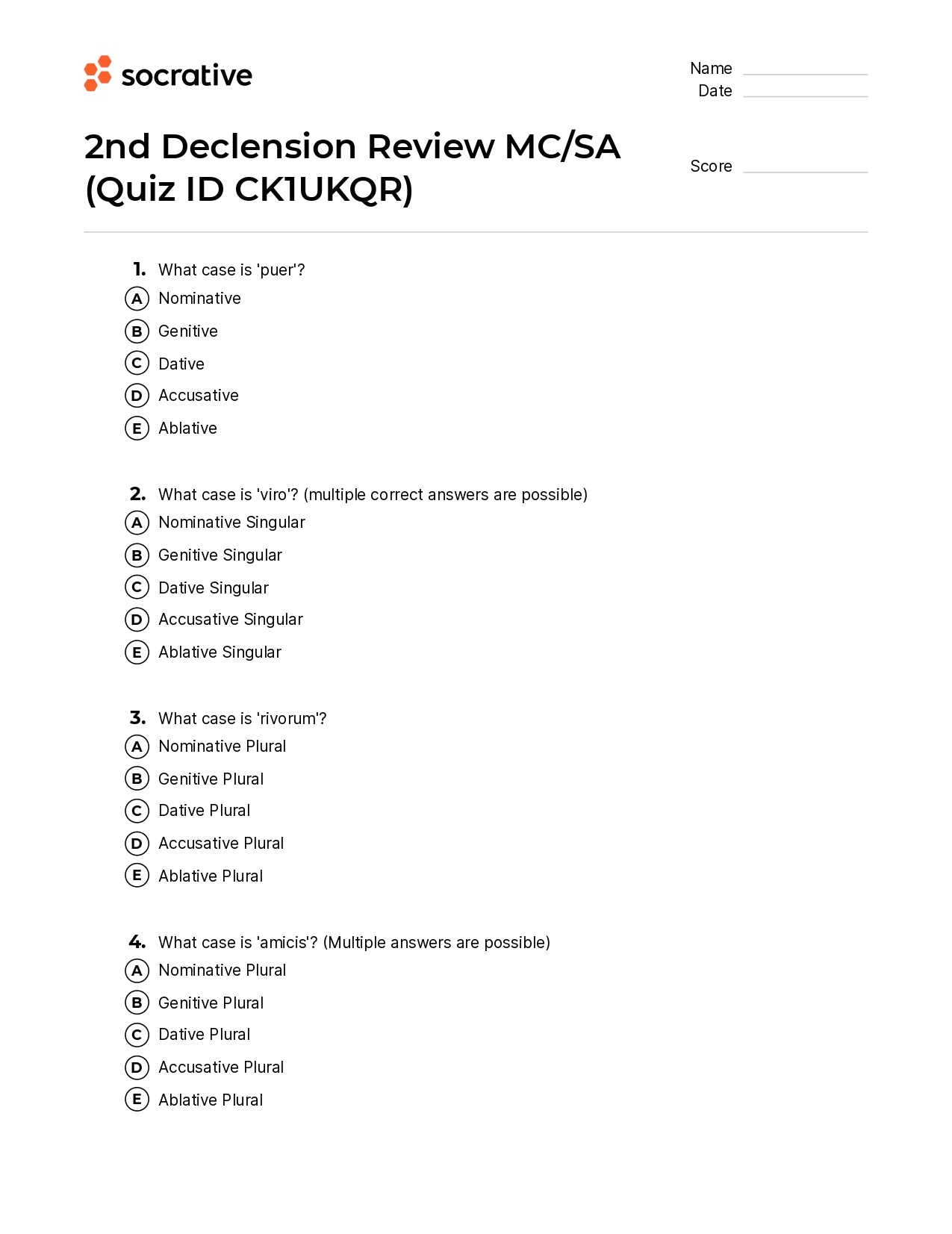 2Nd Declension Review Mc/Sa