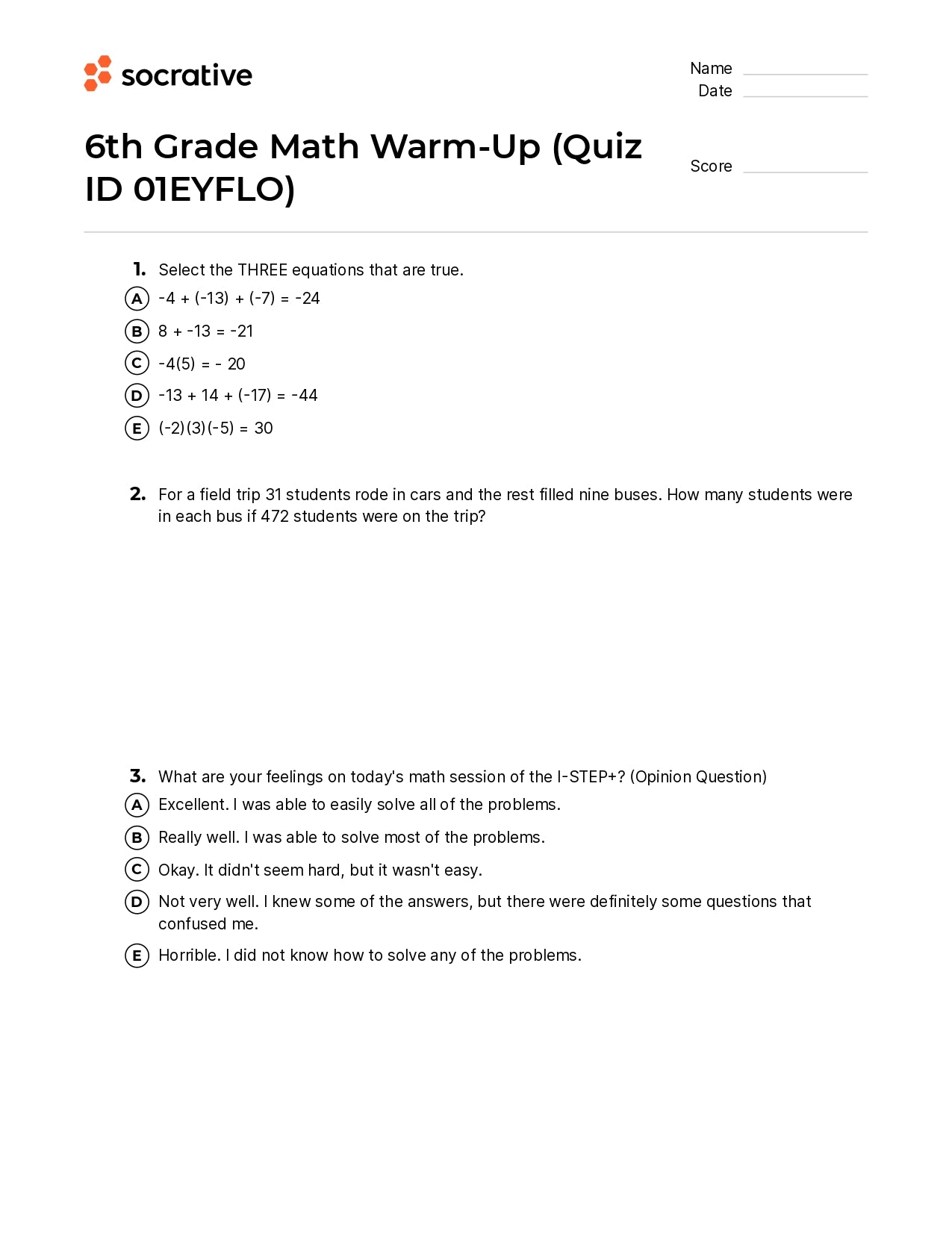 6Th Grade Math Warm-Up