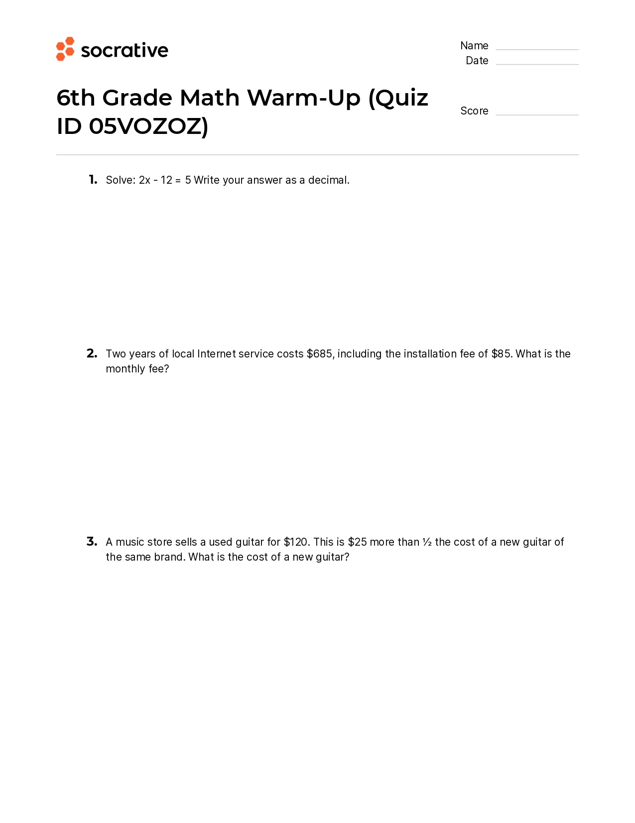 6Th Grade Math Warm-Up