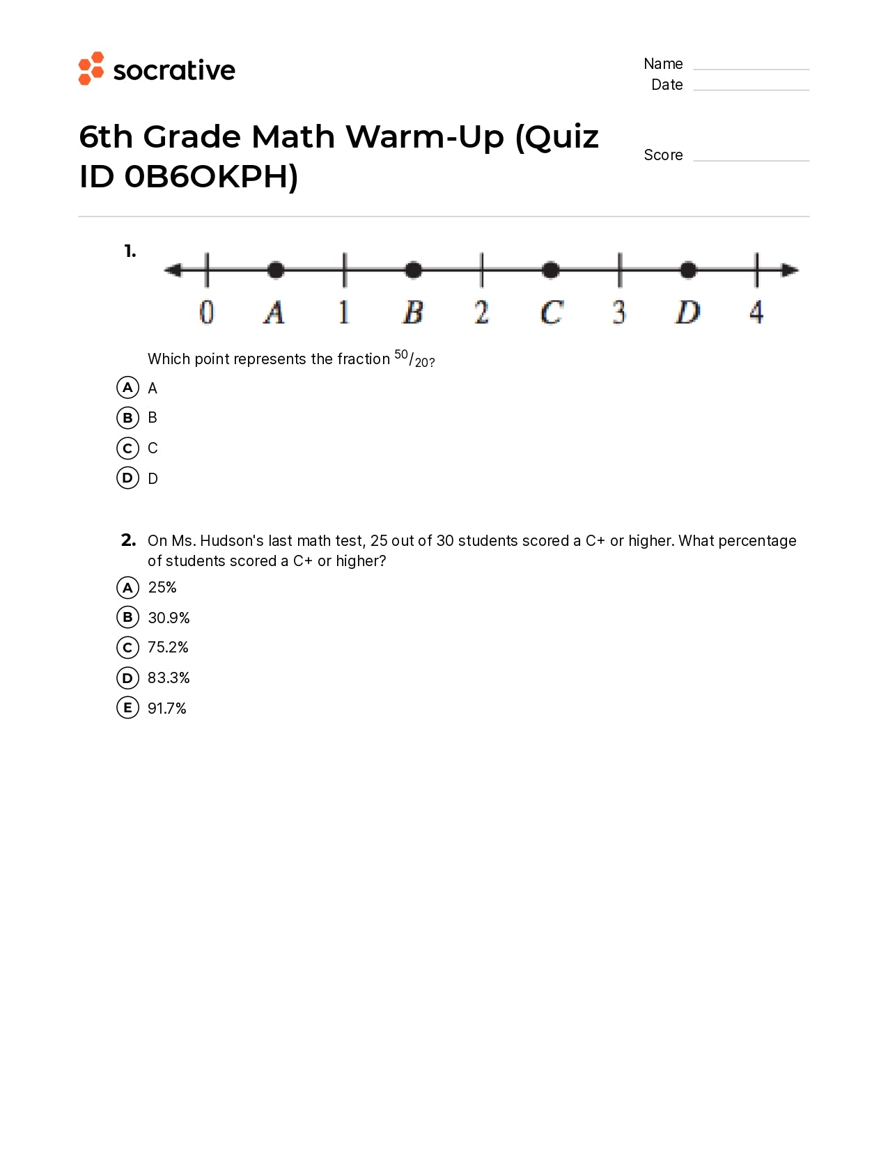 6Th Grade Math Warm-Up