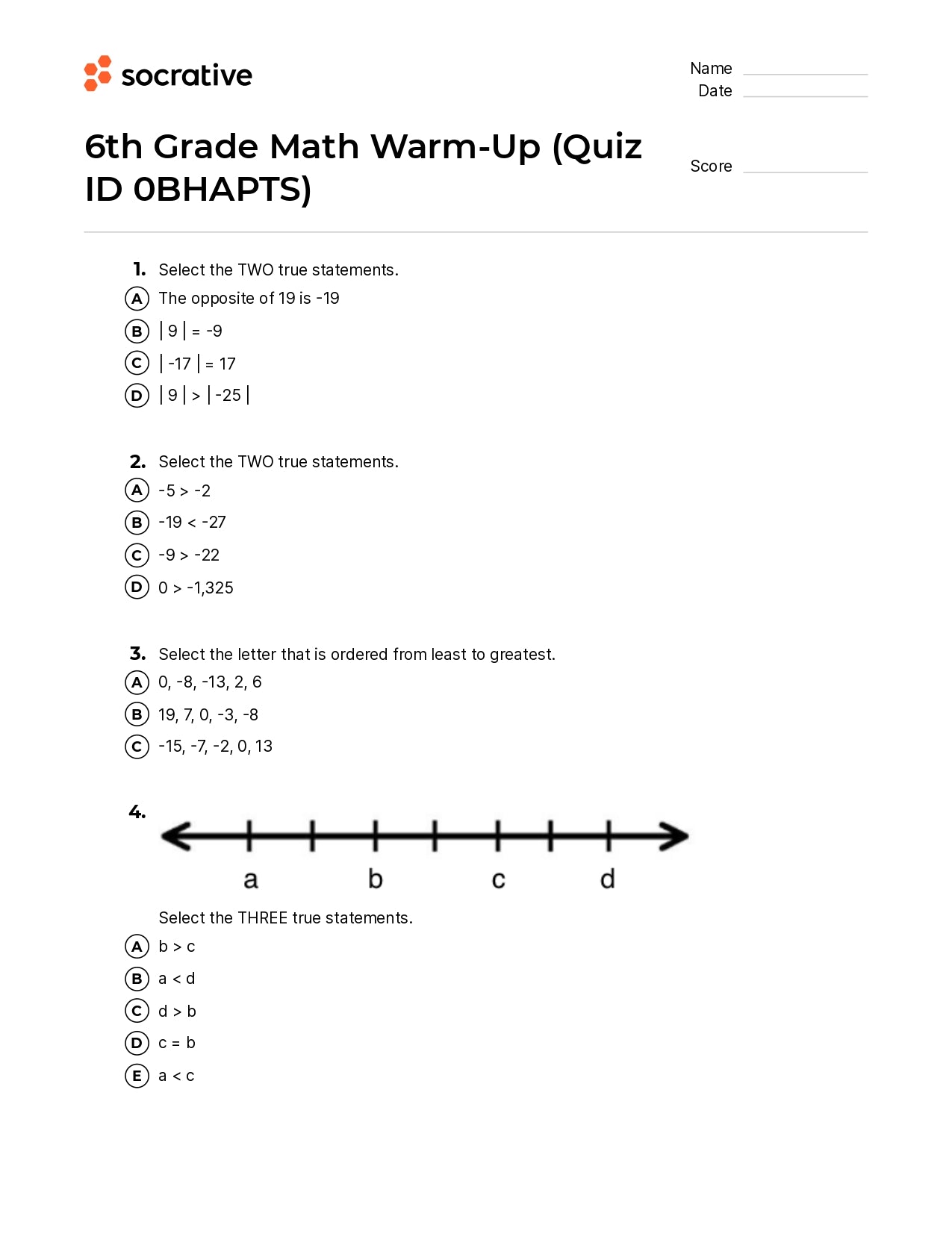 6Th Grade Math Warm-Up