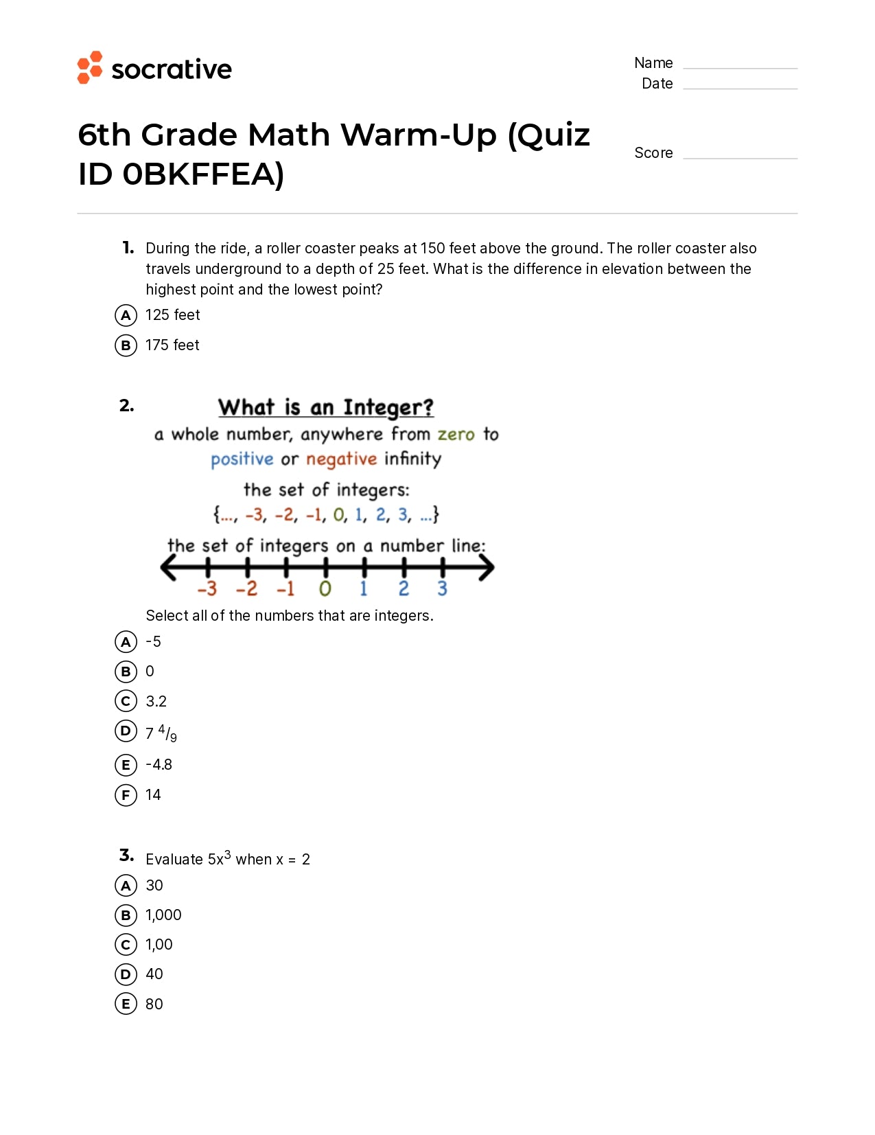 6Th Grade Math Warm-Up