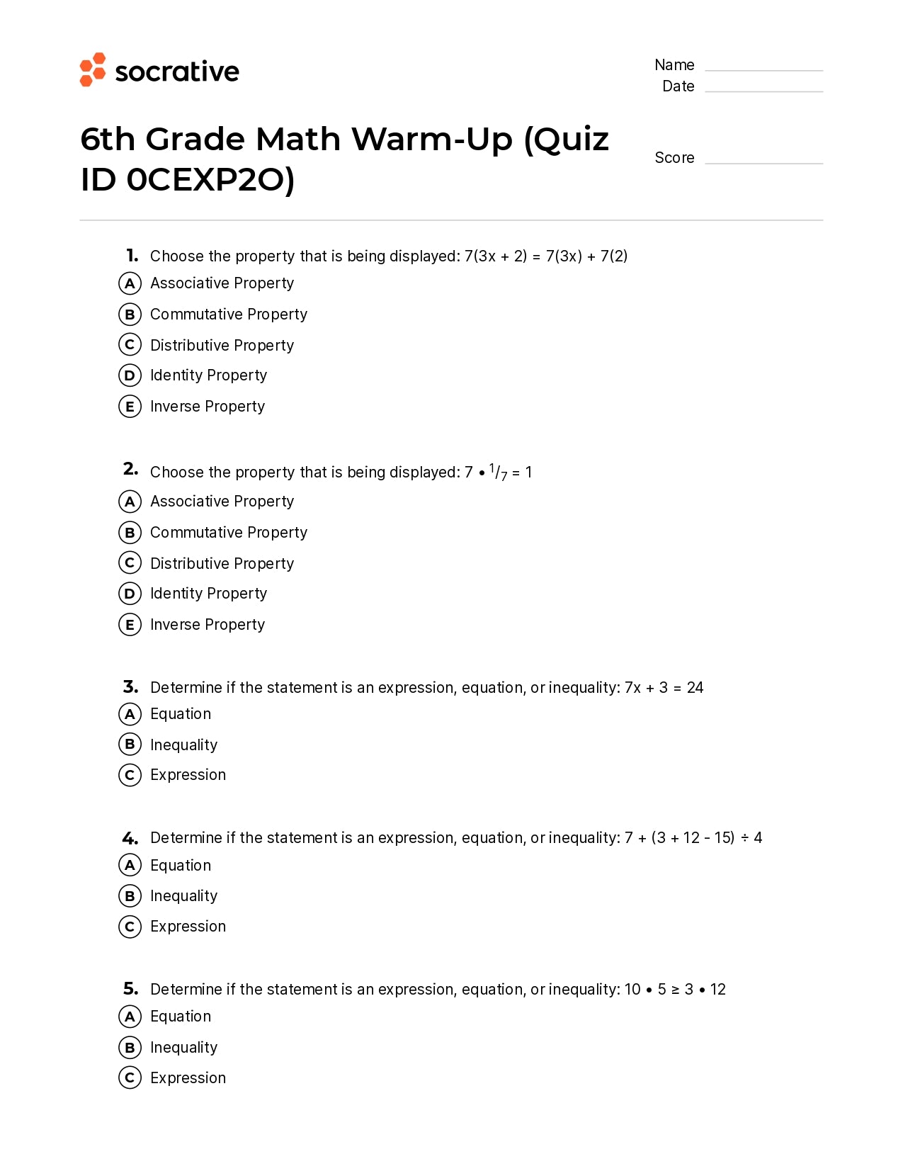 6Th Grade Math Warm-Up