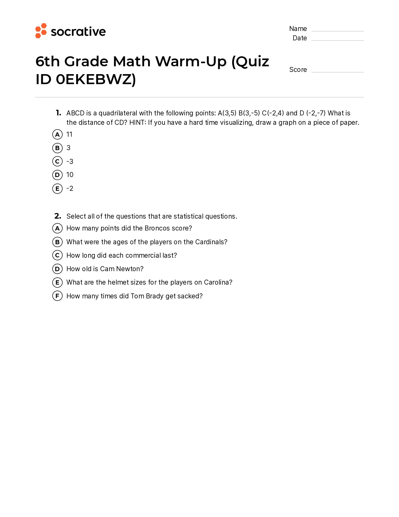 6Th Grade Math Warm-Up