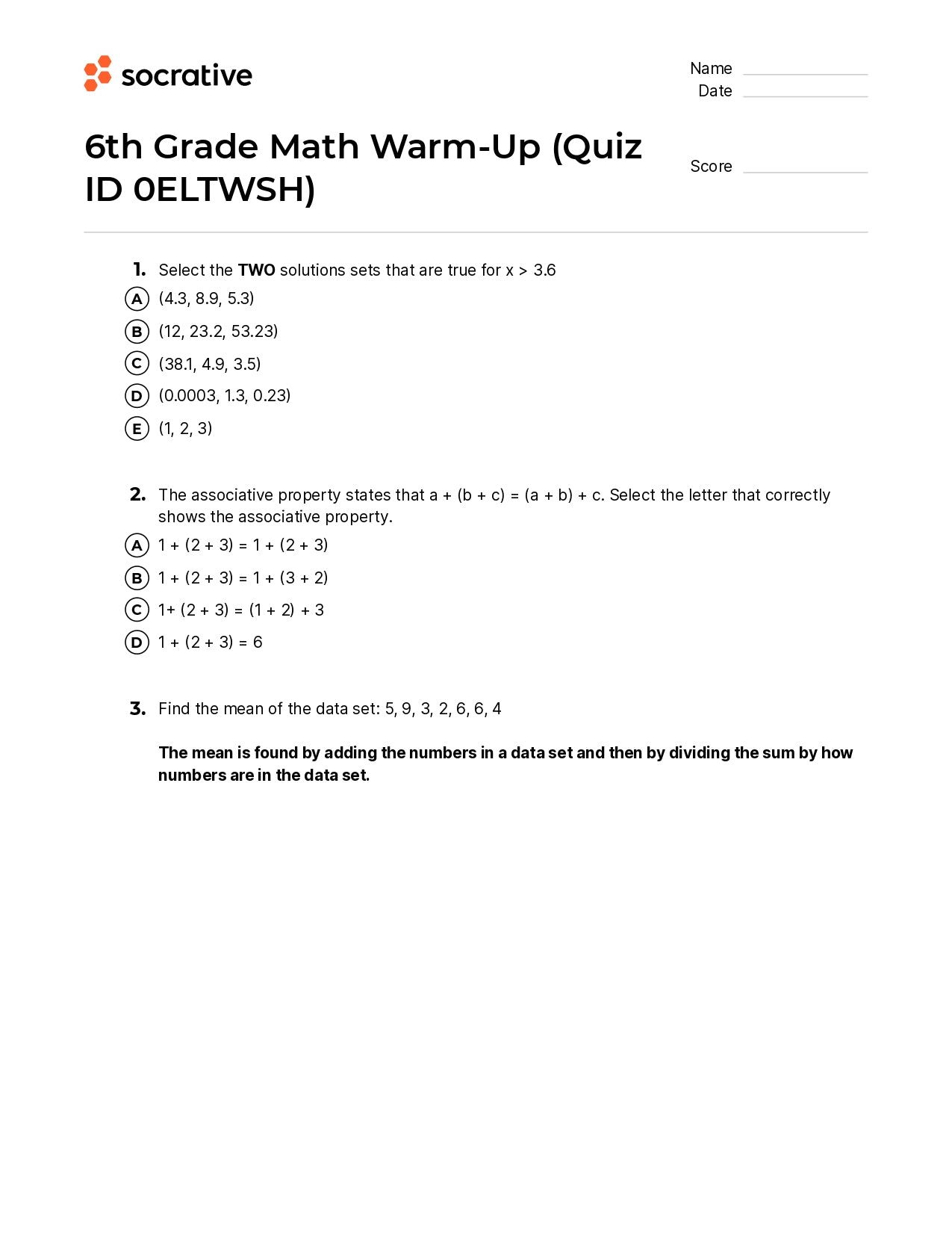 6Th Grade Math Warm-Up