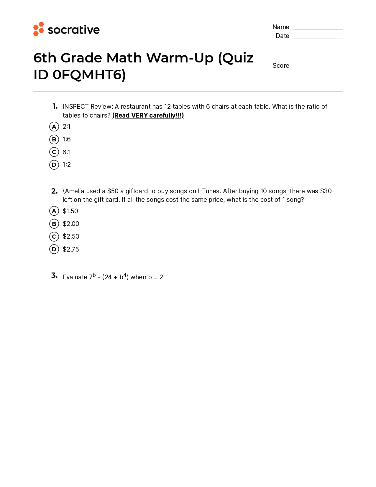 6Th Grade Math Warm-Up