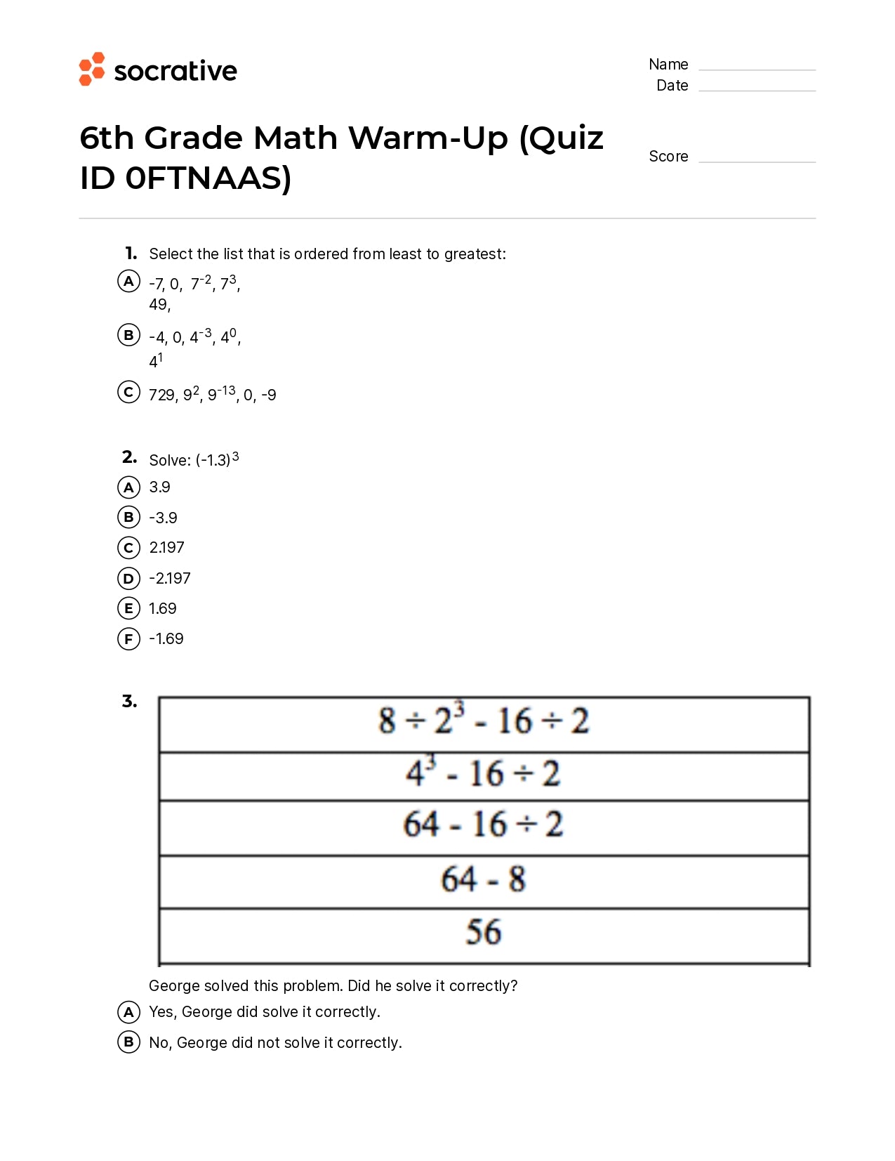 6Th Grade Math Warm-Up