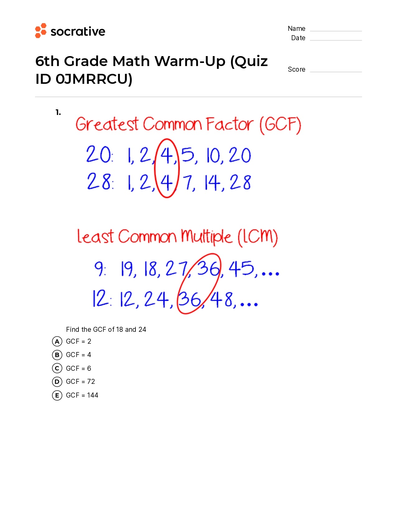 6Th Grade Math Warm-Up