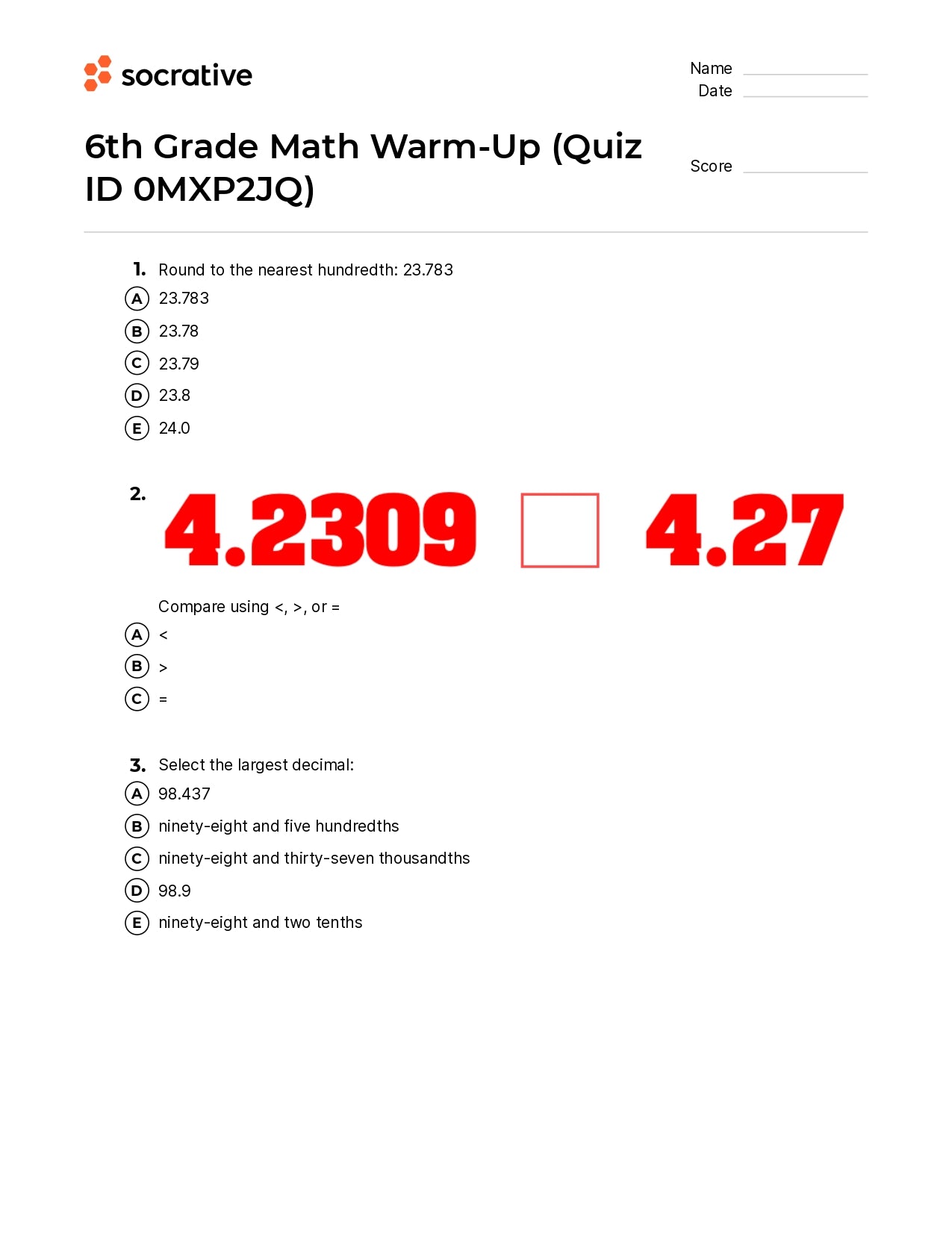 6Th Grade Math Warm-Up