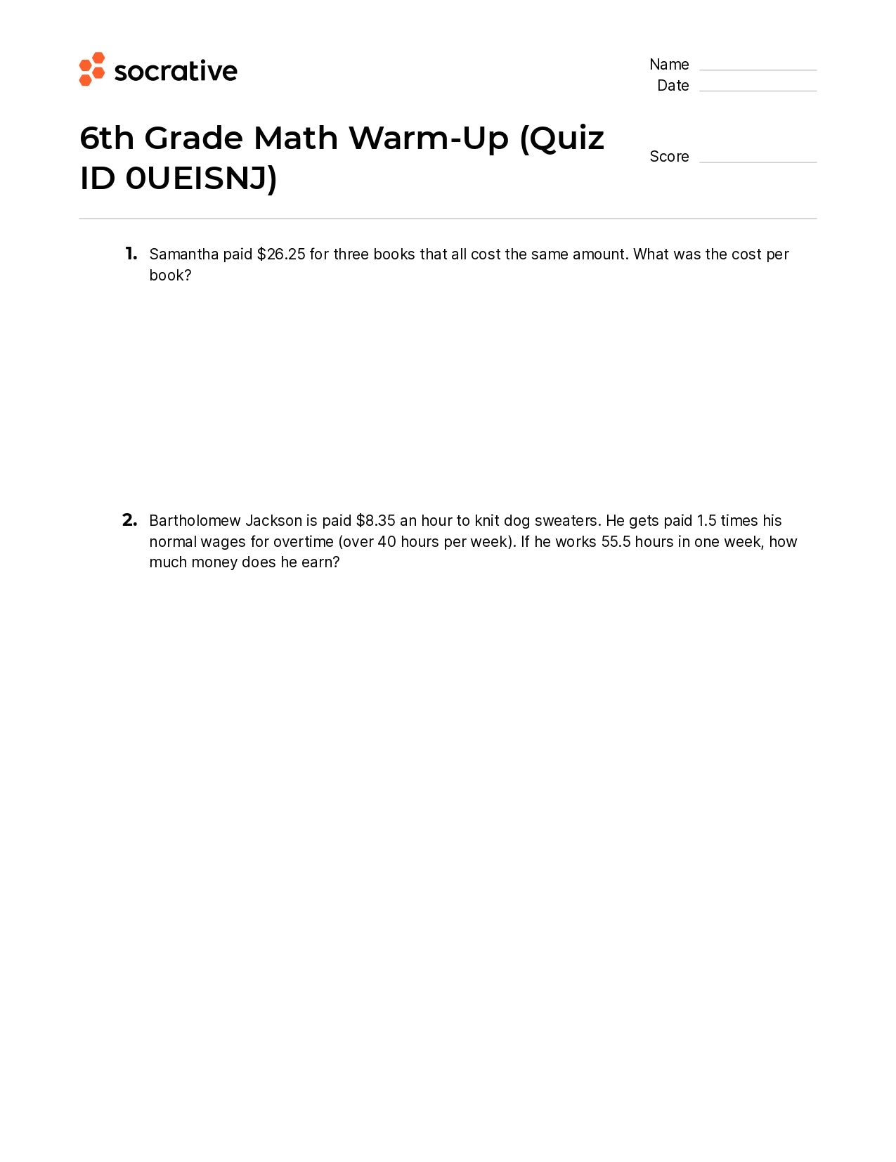 6Th Grade Math Warm-Up