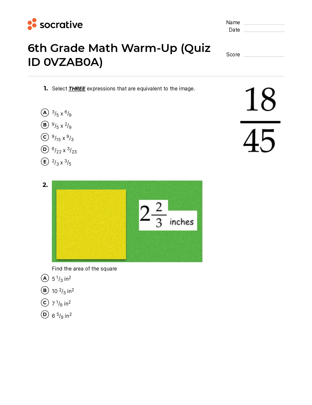 6Th Grade Math Warm-Up