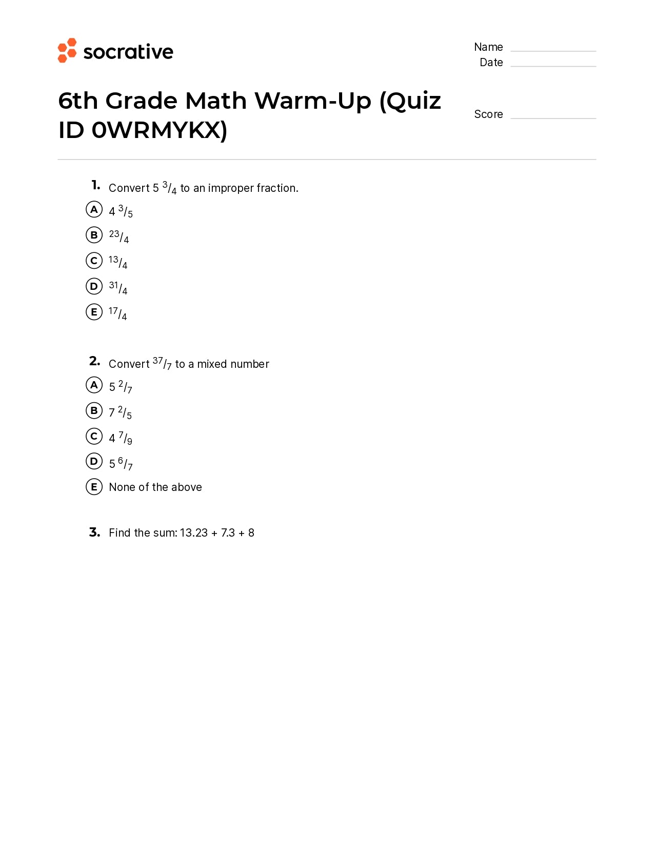 6Th Grade Math Warm-Up