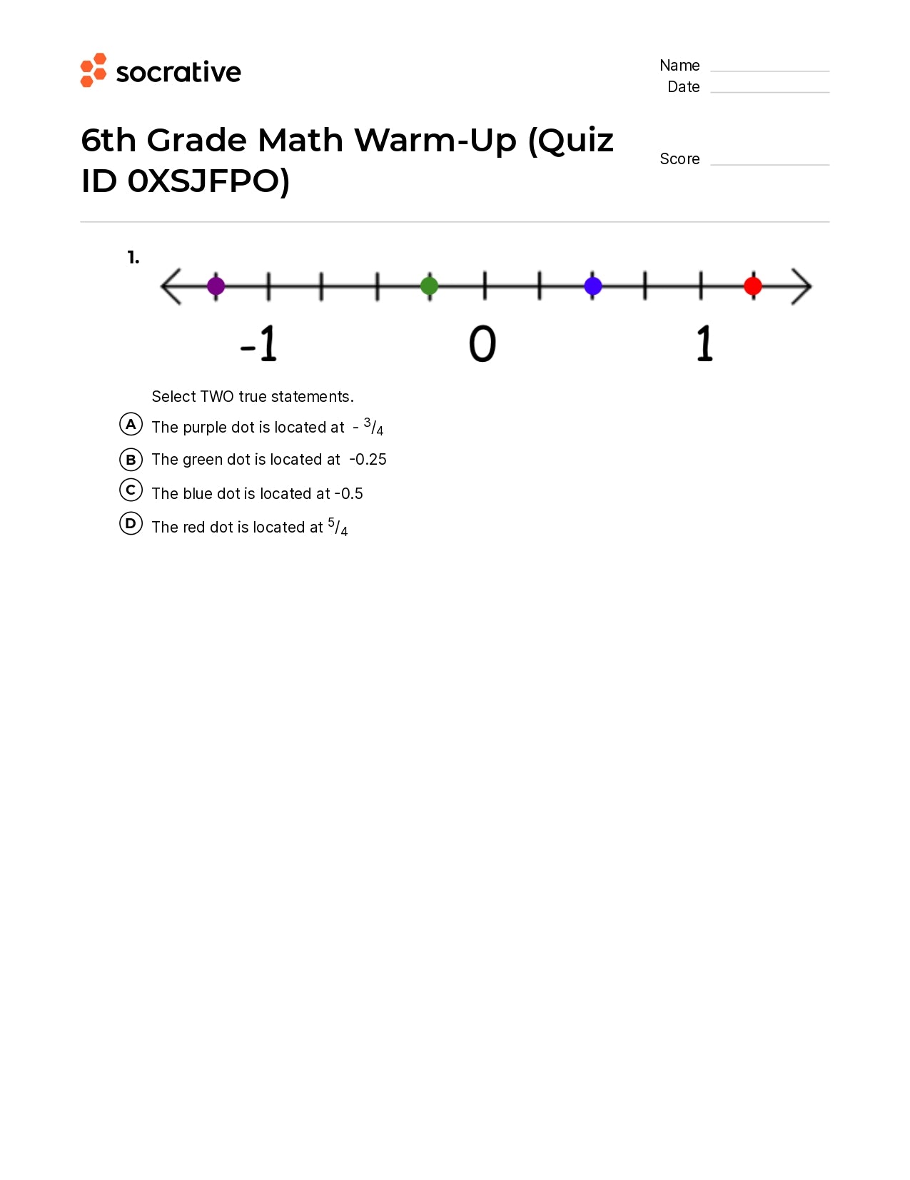 6Th Grade Math Warm-Up