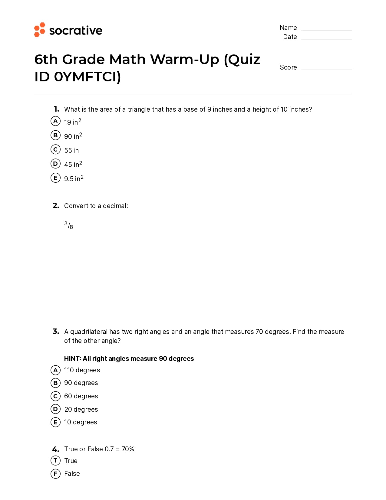 6Th Grade Math Warm-Up