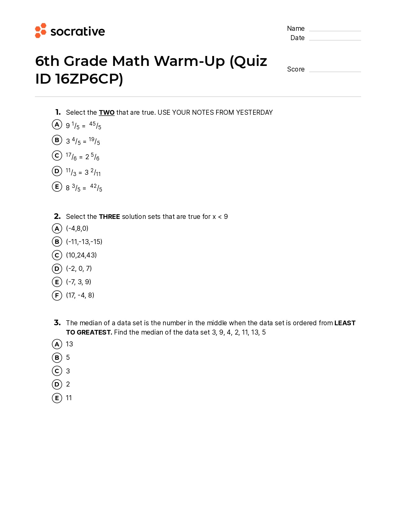 6Th Grade Math Warm-Up