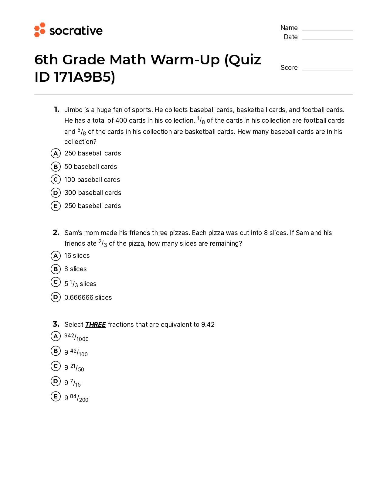 6Th Grade Math Warm-Up