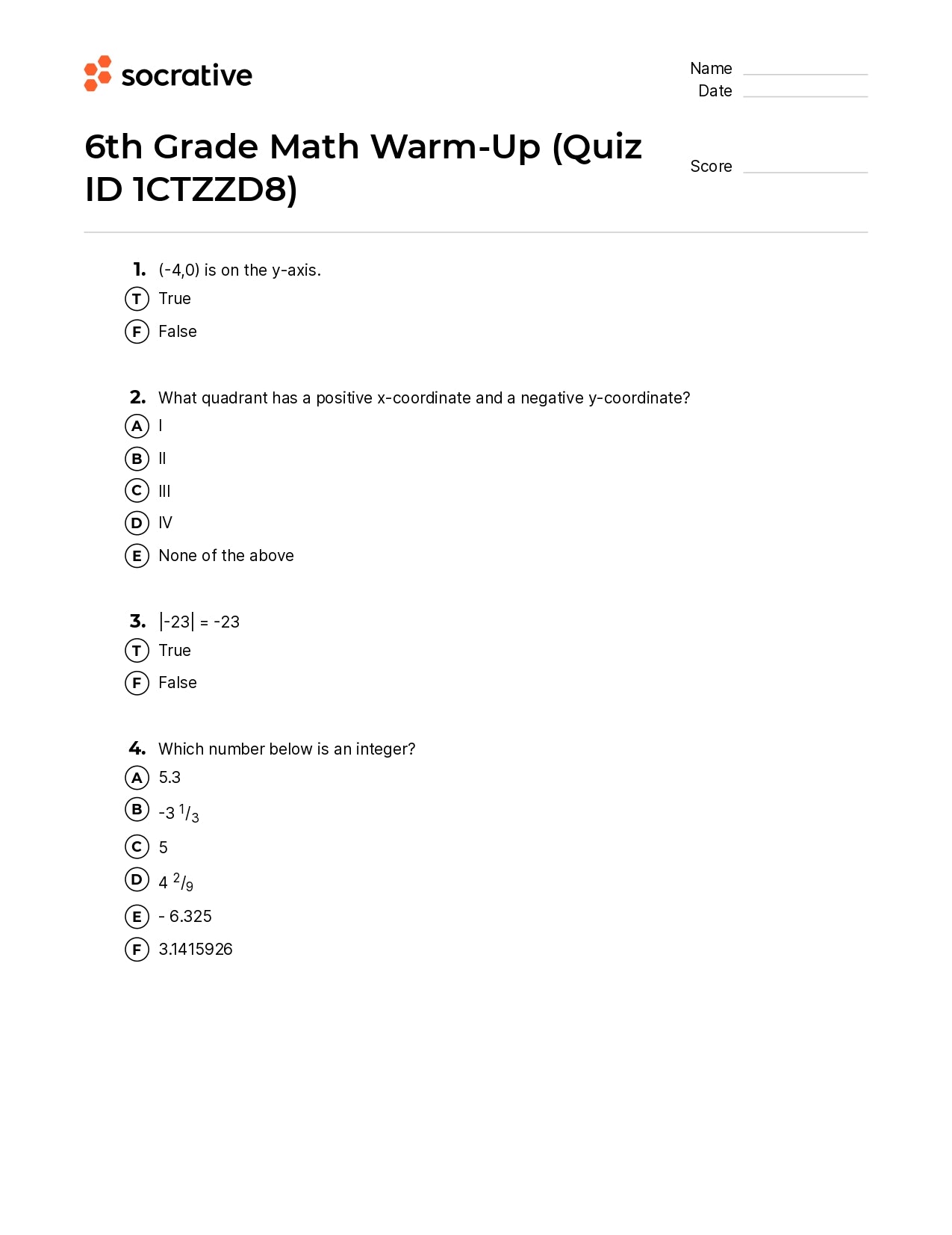 6Th Grade Math Warm-Up