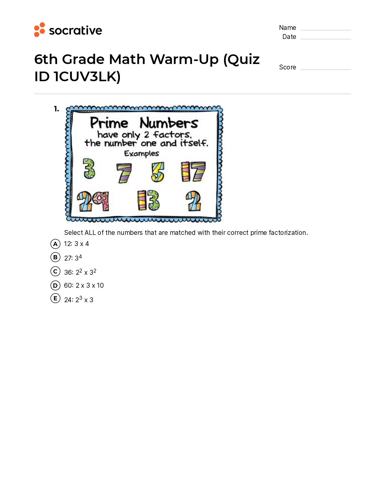 6Th Grade Math Warm-Up