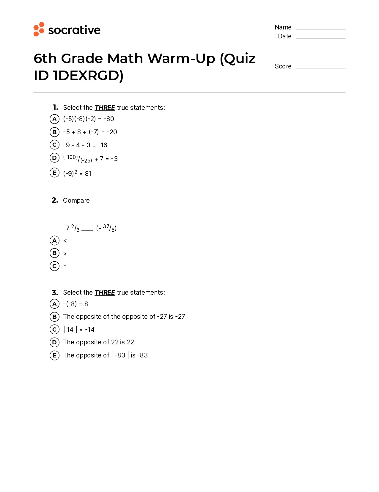 6Th Grade Math Warm-Up