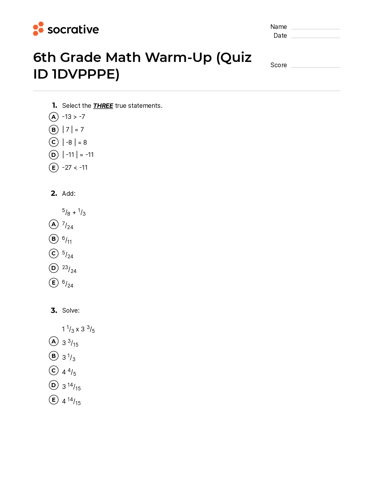 6Th Grade Math Warm-Up