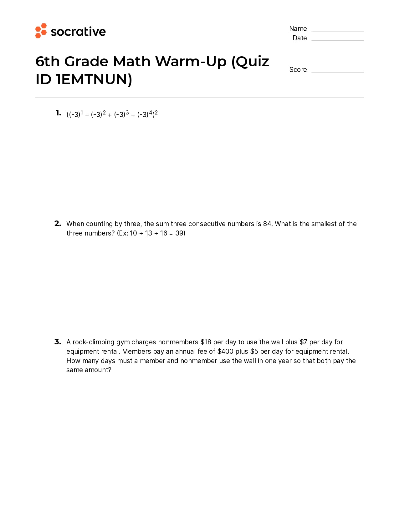 6Th Grade Math Warm-Up