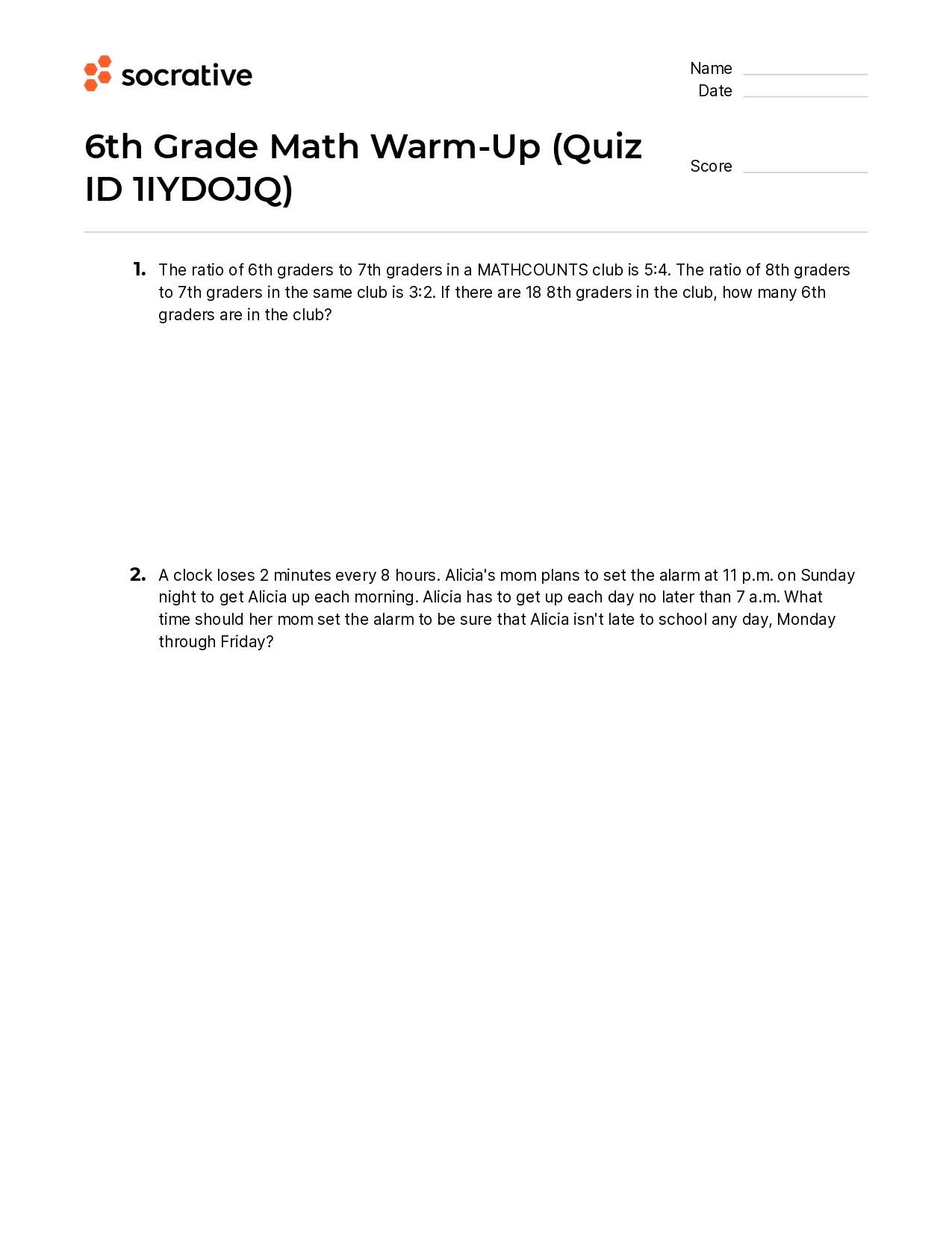 6Th Grade Math Warm-Up