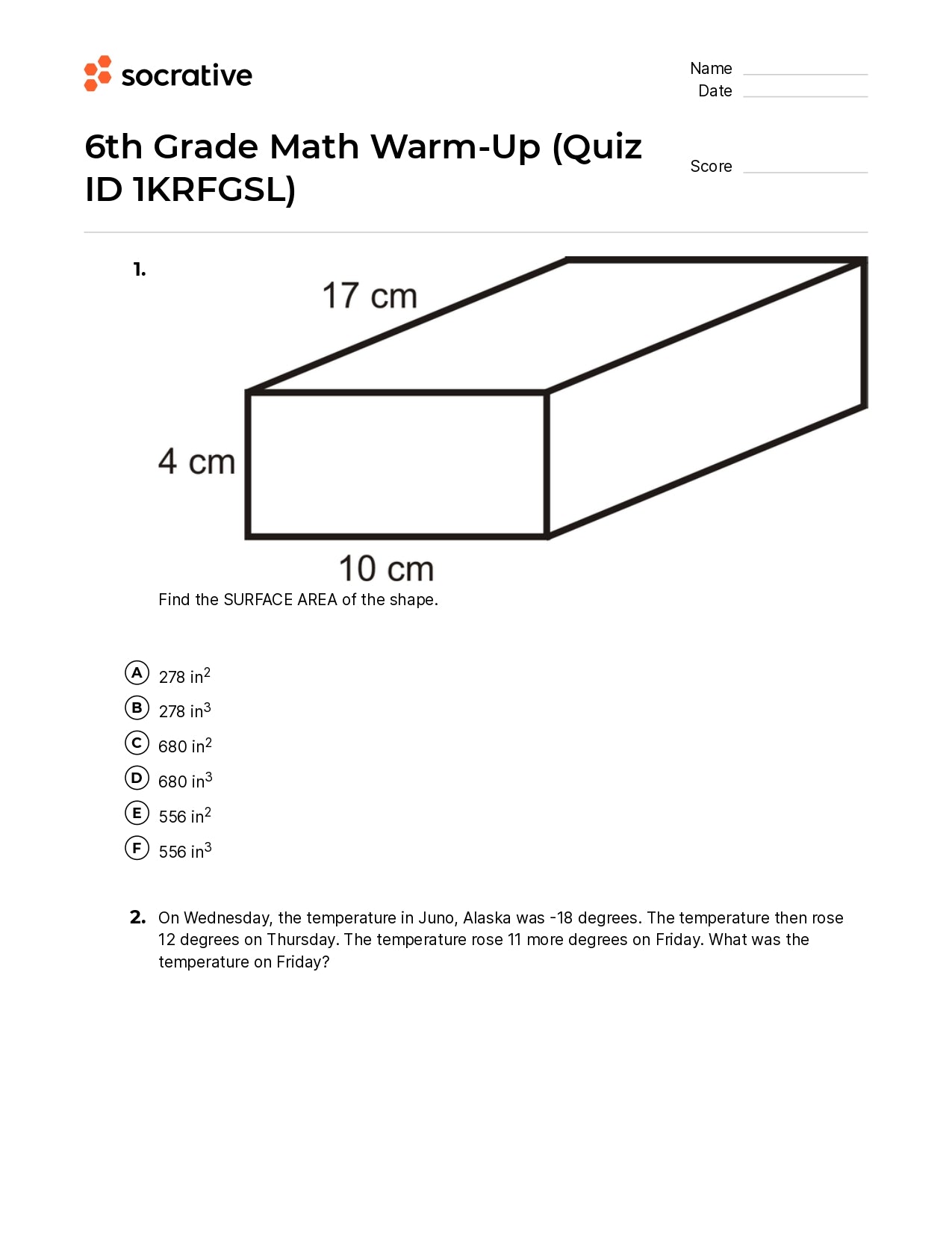 6Th Grade Math Warm-Up