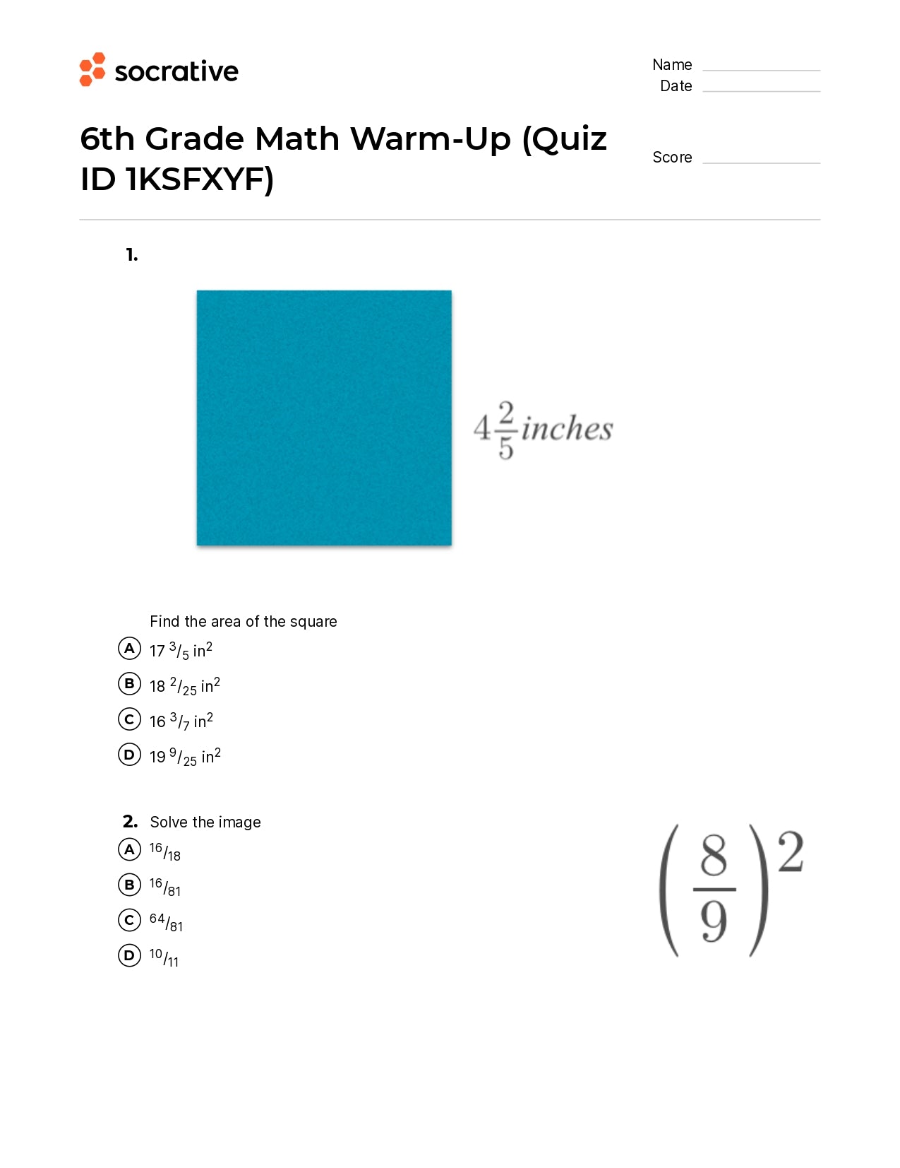 6Th Grade Math Warm-Up