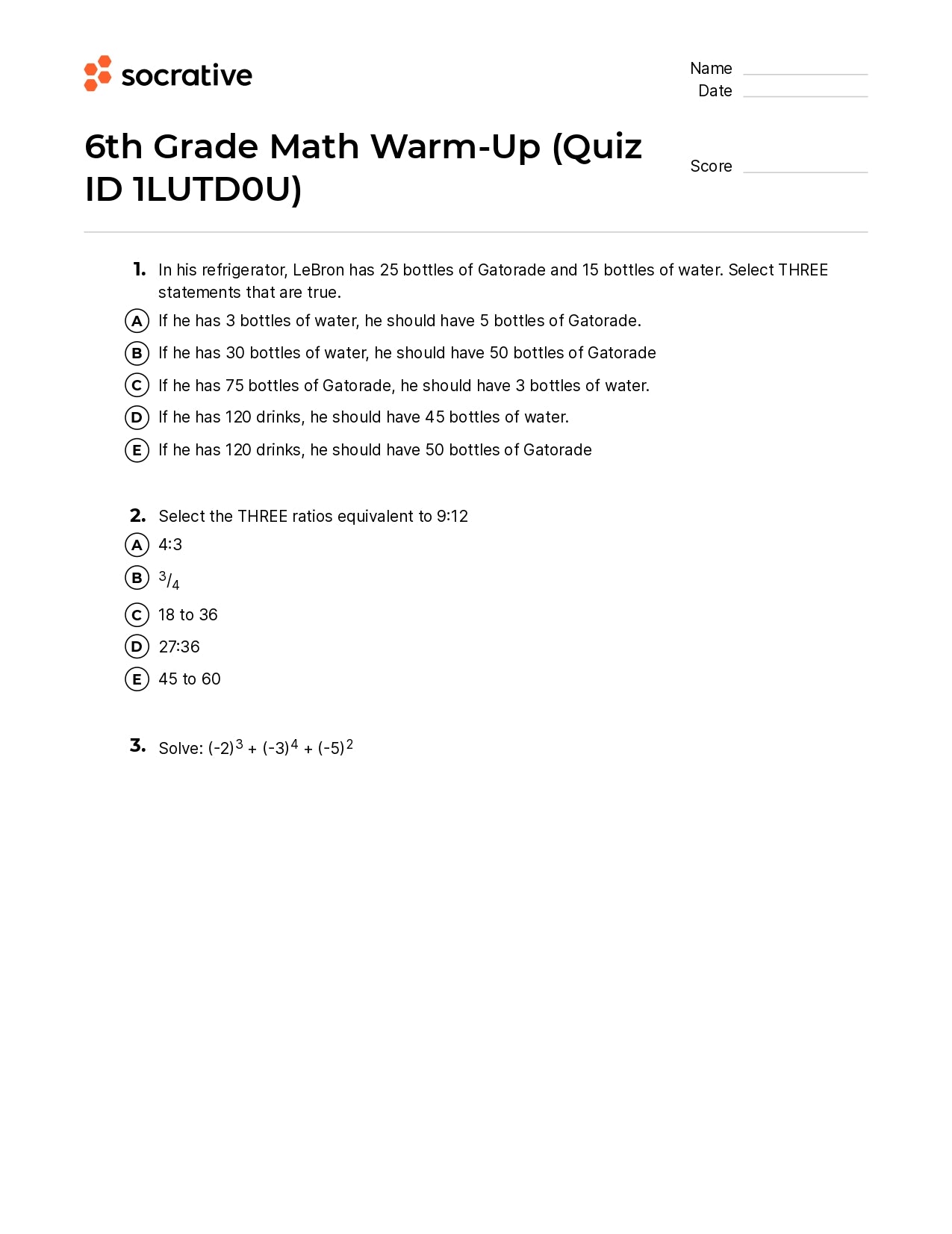 6Th Grade Math Warm-Up