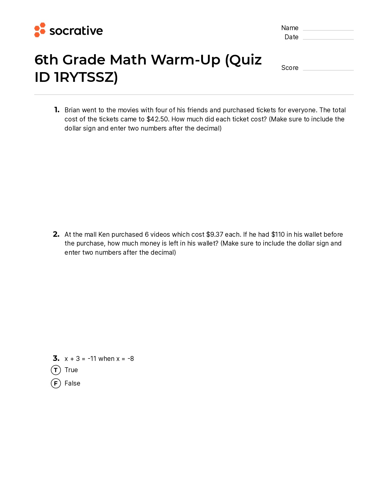 6Th Grade Math Warm-Up