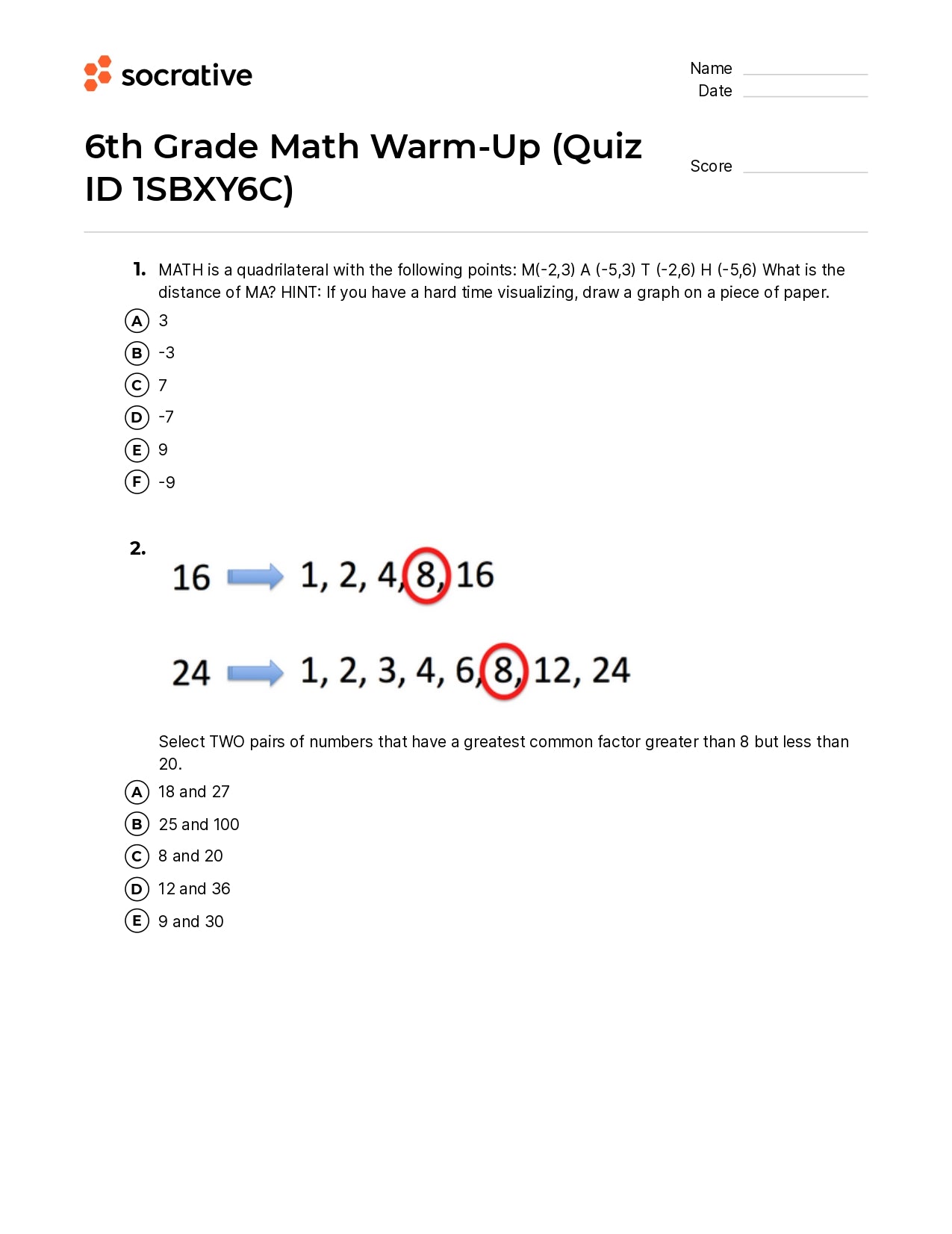 6Th Grade Math Warm-Up
