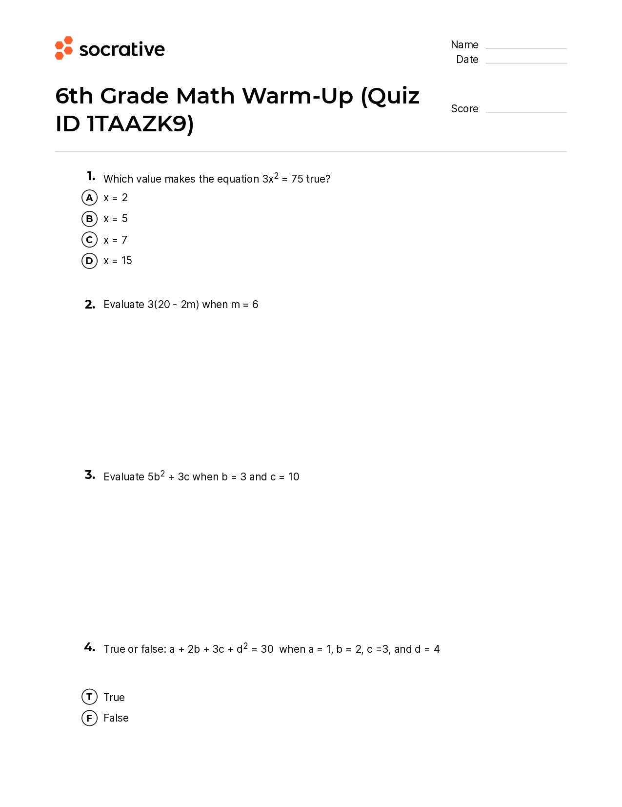 6Th Grade Math Warm-Up