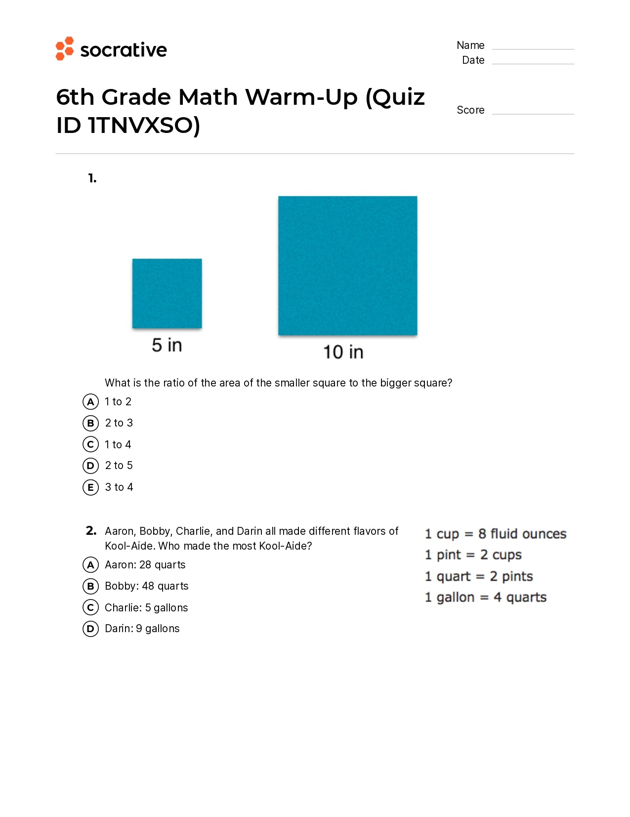 6Th Grade Math Warm-Up