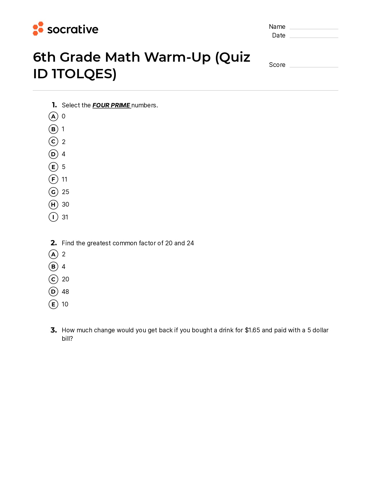 6Th Grade Math Warm-Up