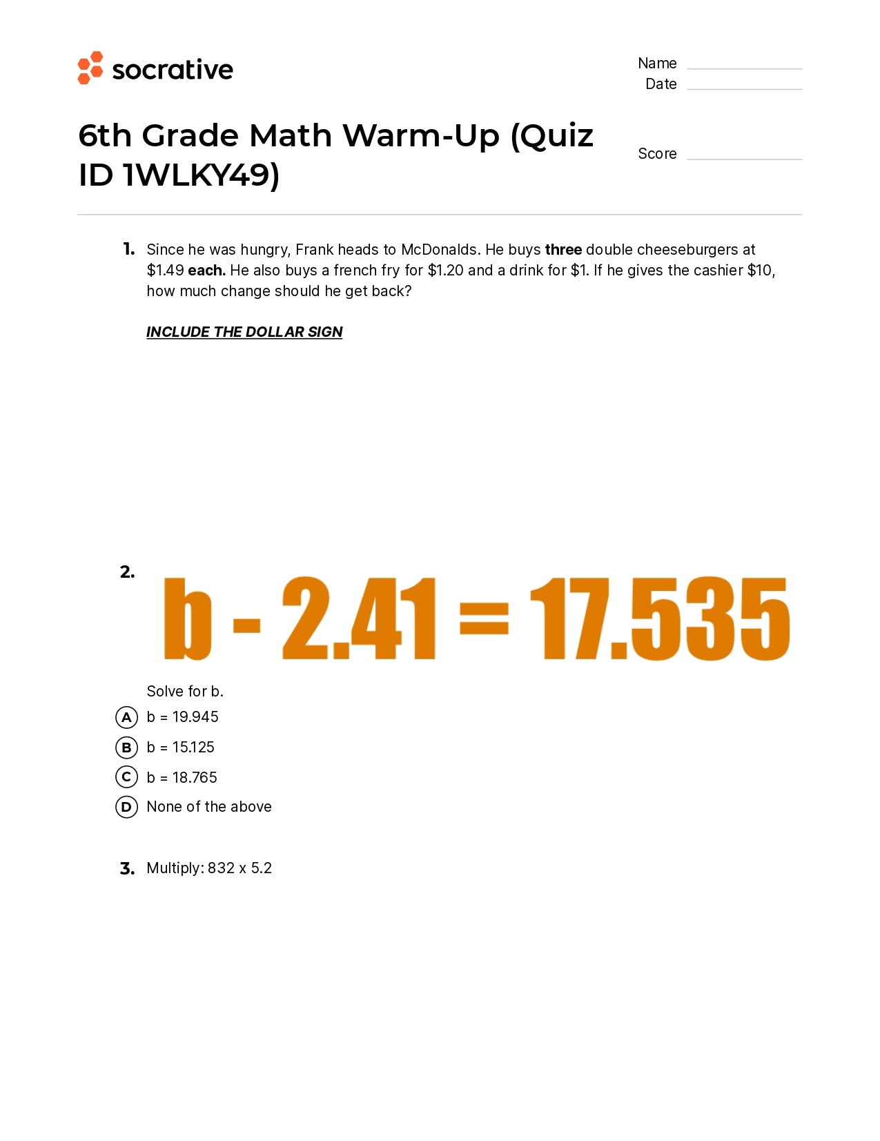 6Th Grade Math Warm-Up
