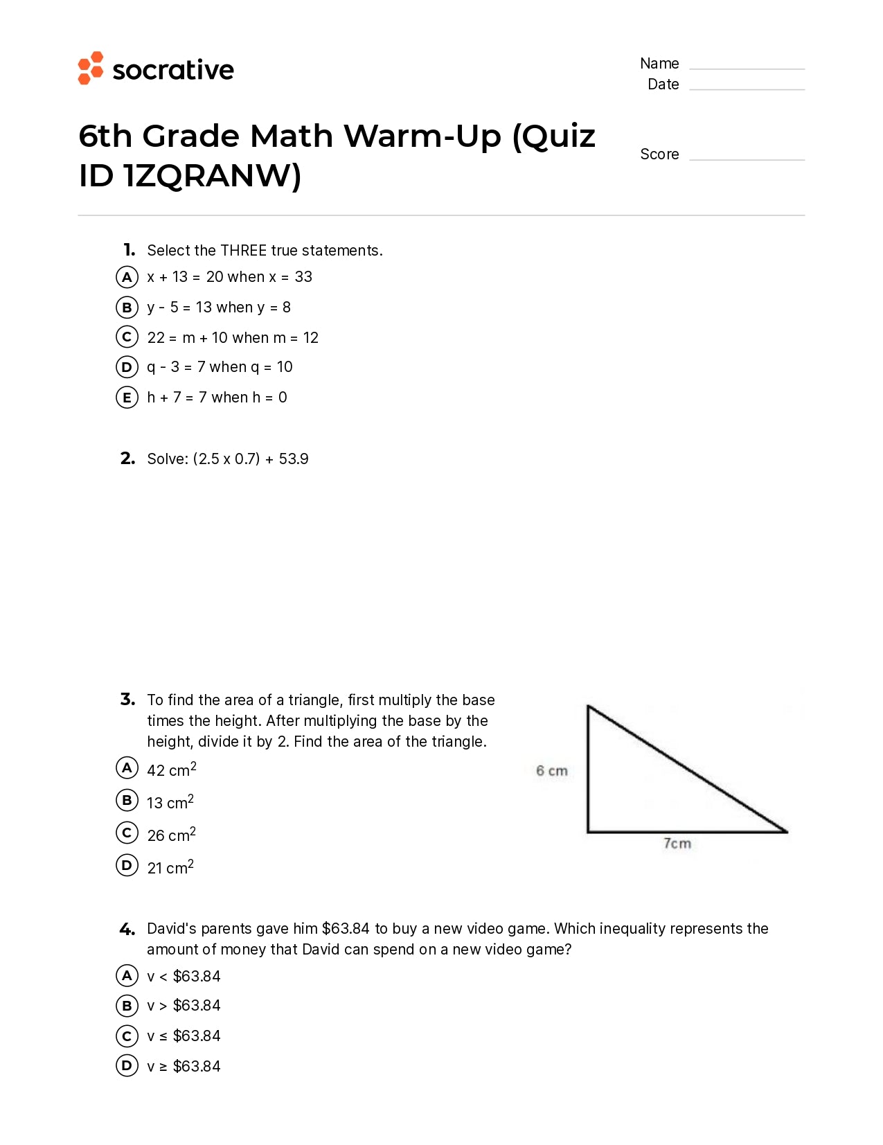 6Th Grade Math Warm-Up