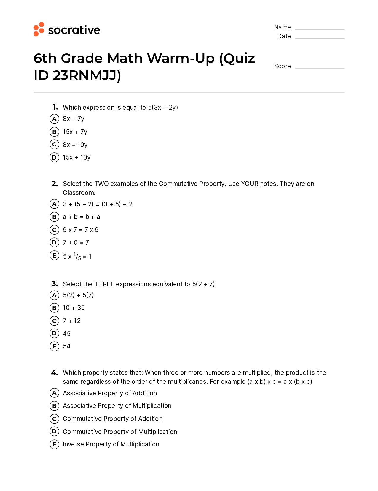 6Th Grade Math Warm-Up