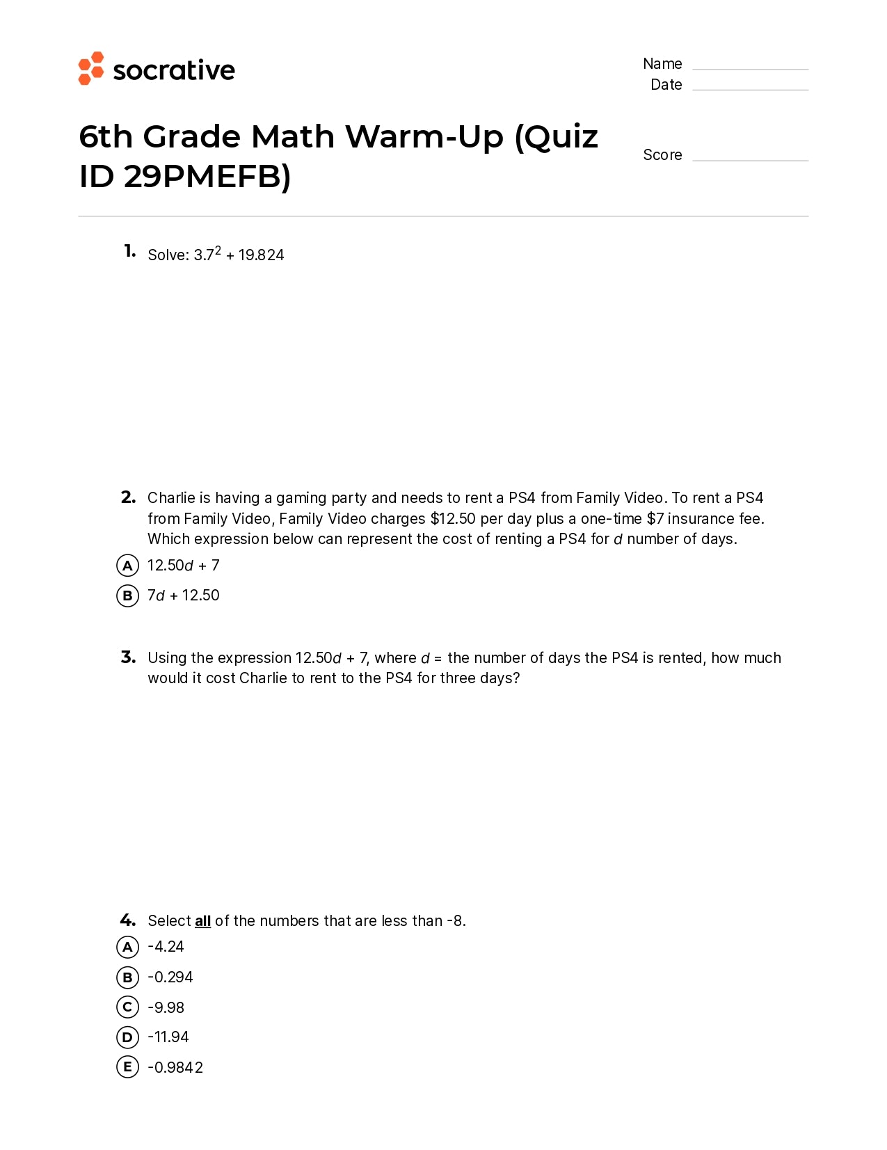 6Th Grade Math Warm-Up