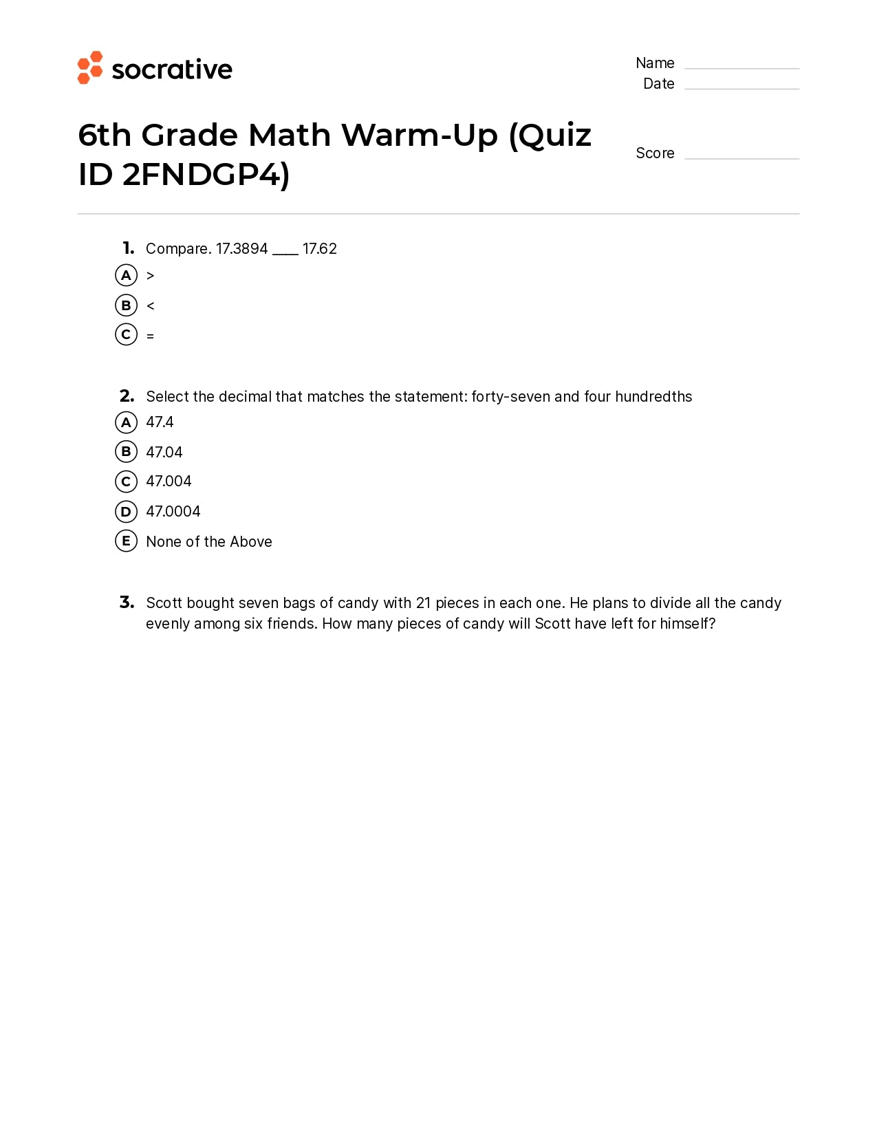 6Th Grade Math Warm-Up