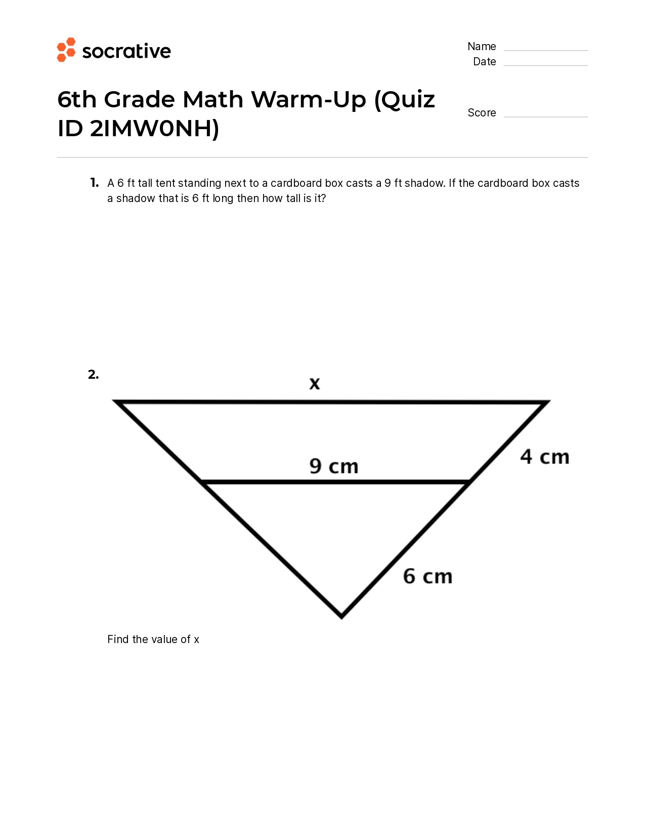 6Th Grade Math Warm-Up